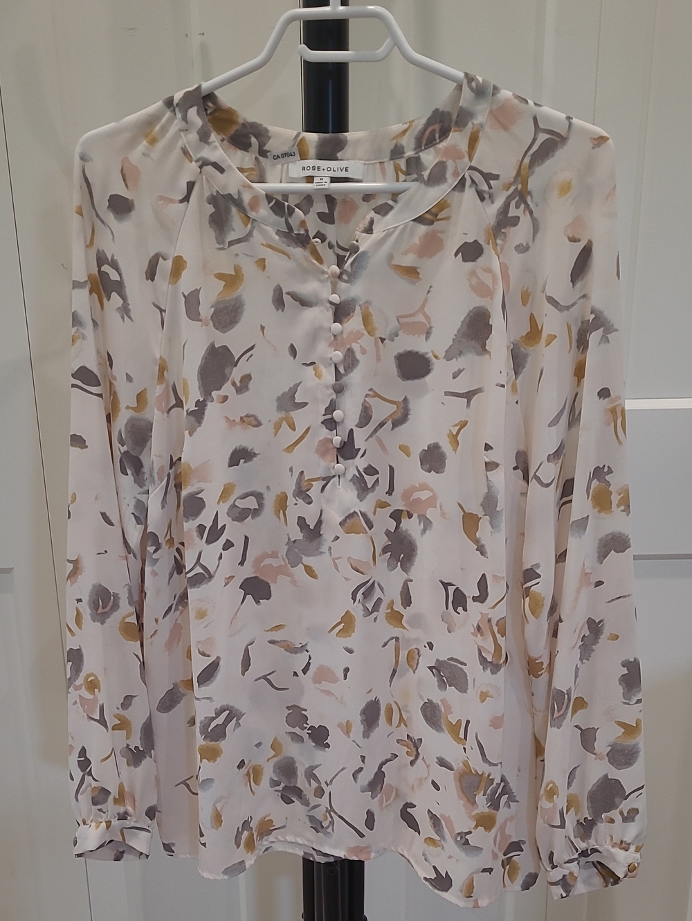 Rose & Olive Ivory Floral-Print Button Blouse with Blush and Gray Accents